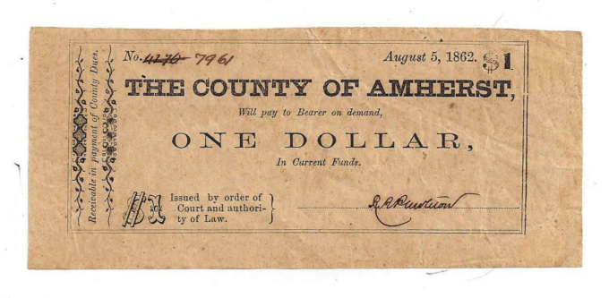 1862 The County of Amherst - One Dollar Note - Changed Number (D07961)