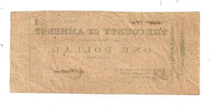 1862 The County of Amherst - One Dollar Note - Changed Number (D07961)