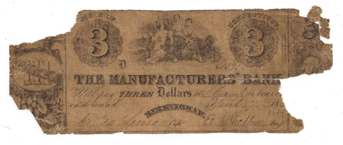 1847 The Manufacturers' Bank Birmingham, Ct - Three Dollar Spurious D01371