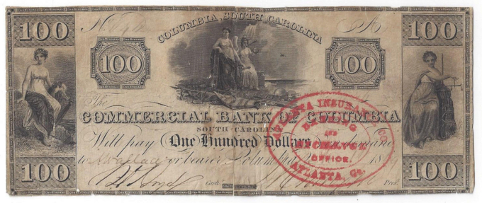 1849 Commercial Bank of Columbia(SC) One Hundred Dollar Note RARE - D01076