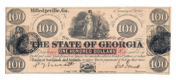 1862 The State of Georgia, Milledgeville - $100 Obsolete Note D04060