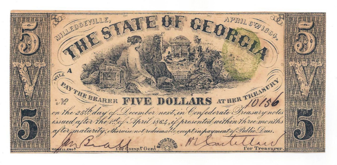 1864 The State of Georgia, Milledgeville - $5 Obsolete Note D01015