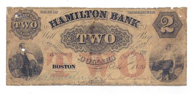 1856 The Hamilton Bank, Boston, Ma - $2 Obsolete Note - D07908