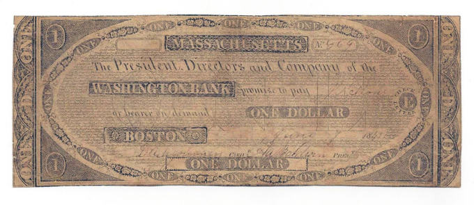 1843 The Washington Bank, Boston, Ma - $1 Obsolete CTFT Note (D0869)