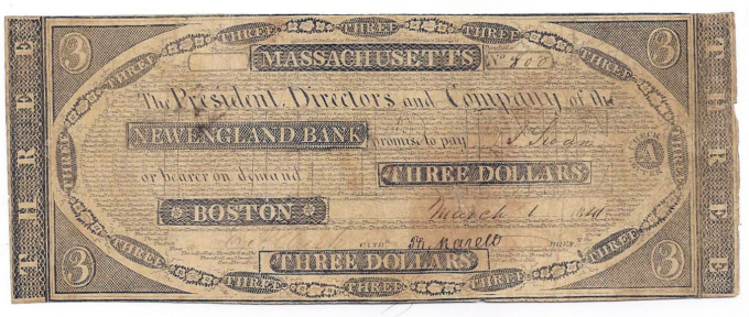 1841 The New England Bank, Boston, MA - $3 Obsolete 315-C64 CTFT? (D0800)