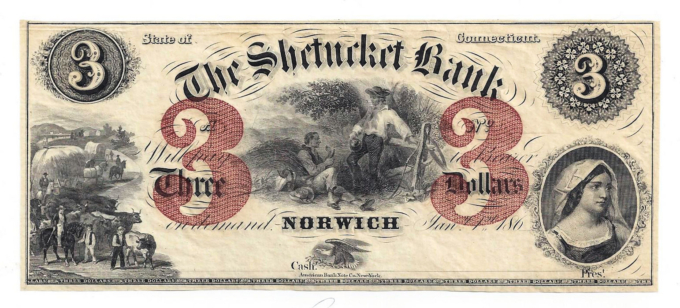 186X The Shetucket Bank, Norwich, CT - Three Dollar (D03010)
