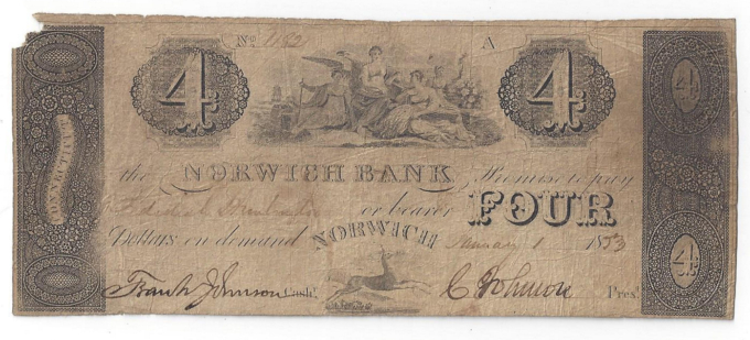 1853 Norwich Bank (Norwich, CT) Four Dollar Note (D02638)