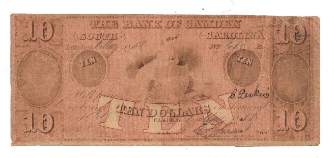 1858 Bank of Camden, South Carolina - Ten Dollar Obsolete Note D0618