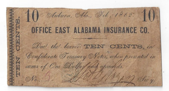 1862 Office East Alabama Insurance Co Ten Cent Note R15-2 (D03480)