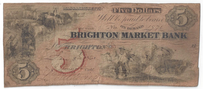 1861 Brighton Bank Brighton MA Five Dollar ALTERED IND. Note No. 1971 - D04631