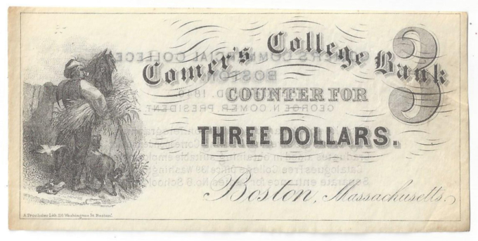 18XX Comer's College Bank Three Dollar $3 Counter Note Boston MA - D04907