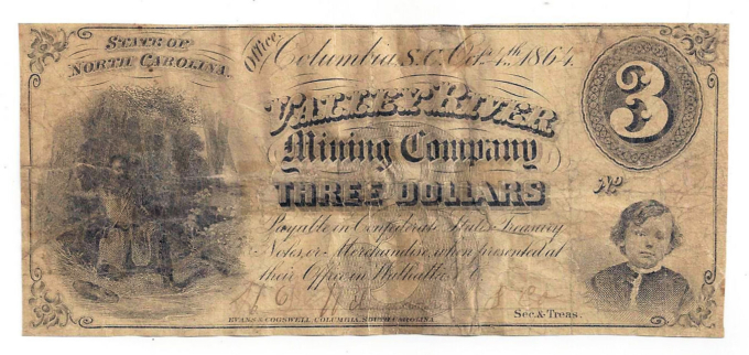1864 Valley River Mining Company, Columbia, SC - $3 Scrip Note Sh953 - D05226