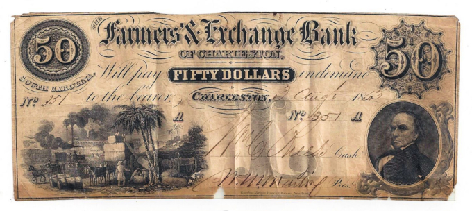 1853 Farmers' & Exchange Bank of Charleston, SC - $50 Note No.351 Sh169 (D05337)