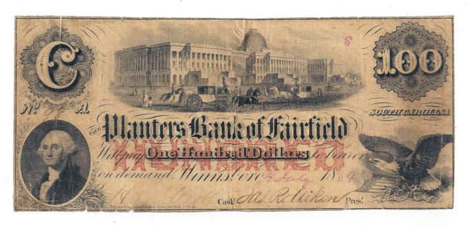 1854 Planters Bank of Fairfield, SC - $100 Note No.98 Sh314 (D05362)