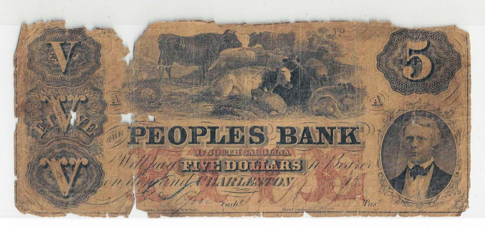18XX Peoples Bank of South Carolina, Charleston - $5 Note Sh299 R-6 (D05374)