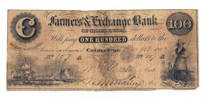 1853 Farmers & Exchange Bank of Charleston, SC - $100 Note No.157 Sh172 (D05559)