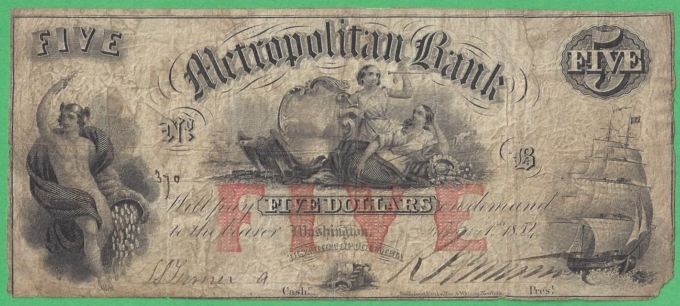 1854 Metropolitan Bank, Washington D.C $5 No.370 (D46358)