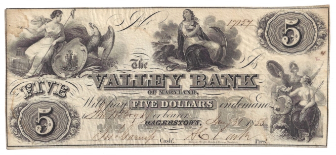 1855 Valley Bank of Maryland, Hagerstown MD $5 Note No.17157 (D57030)