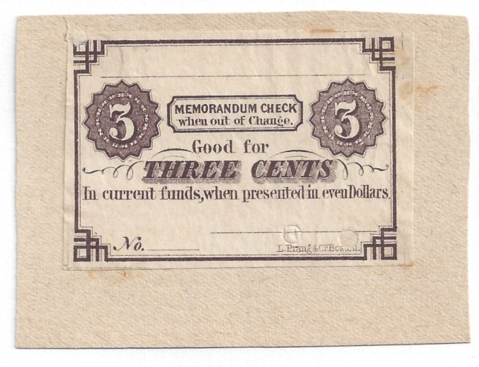 18XX Unknown Change Check, Boston MA 3c Note (D57046)