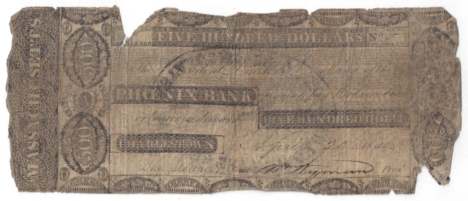 1840 Phoenix Bank, Charlestown MA $500 SCARCE Obsolete Note No.5 (D57643)