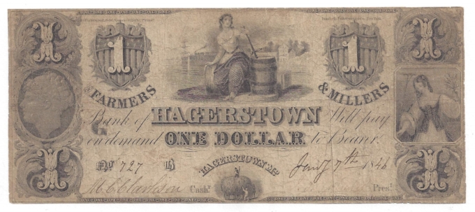 1846 Farmers & Millers Bank of Hagerstown, Maryland $1 Note No.727 (D58608)