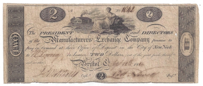 1814 Manufacturers' Exchange Company, Bristol CT $2 Note No.1042 (D58633)
