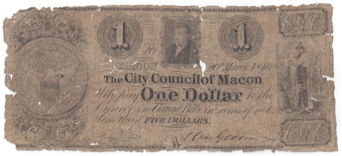 1840 City Council of Macon, Georgia $1 Note - Rare Note (D58564)