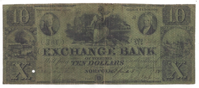 1858 Exchange Bank of Virginia, Norfolk VA $10 Note No.1697 (D58646)