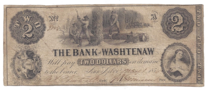1854 Bank of Washtenaw, Ann Arbor, Michigan $2 Note No.9743 (D58891)