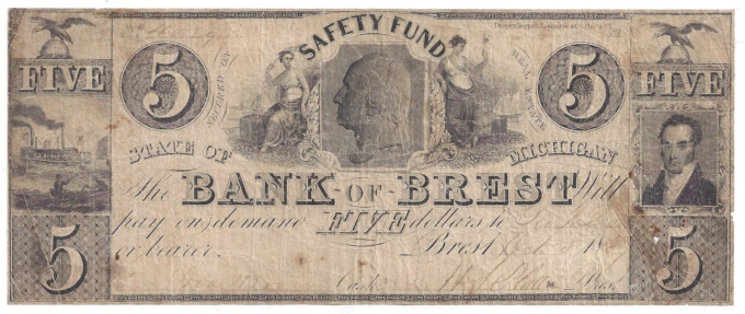 1857 Bank of Brest, Michigan $5 Note No.4039 (D58782)