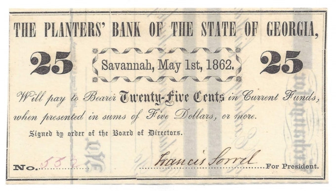 1862 Planters' Bank of the State of Georgia, Savannah GA 25c Note No.552 (D58909)
