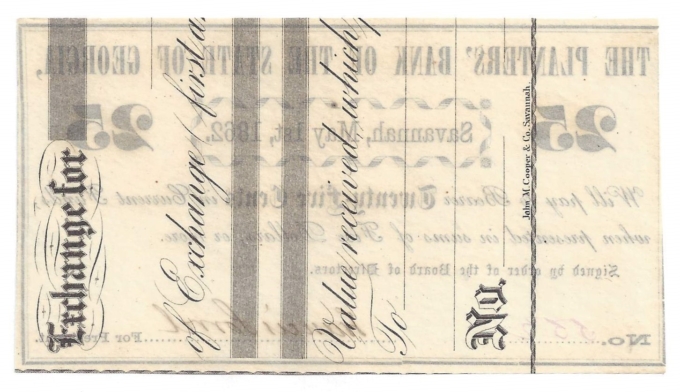 1862 Planters' Bank of the State of Georgia, Savannah GA 25c Note No.552 (D58909)