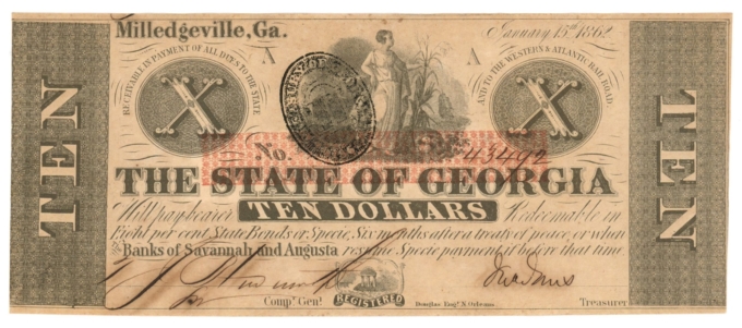 1862 State of Georgia, Milledgeville, GA $10 Note No.43492 CR4A R-7 (D59181)