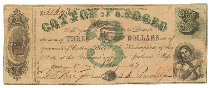 1862 State of Mississippi, Jackson, MS $3 Note No.31695 CR19 (D59318)