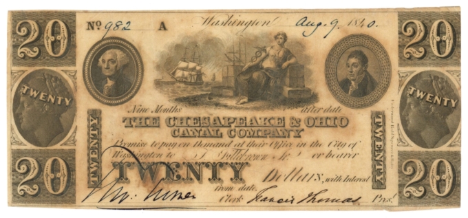 1840 Chesapeake & Ohio Canal Company, Washington, OH $20 Note No.982 (D59352)