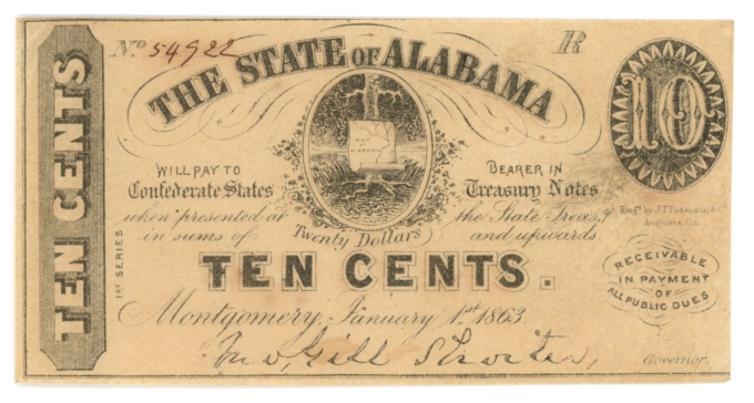 1863 State of Alabama, Montgomery, AL 10c No.54922 CR9 (D59246)