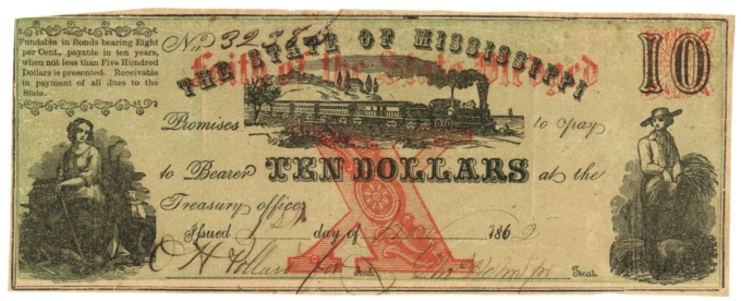 1862 State of Mississippi $10 Obsolete Note No.32386 CR35 (D59322)