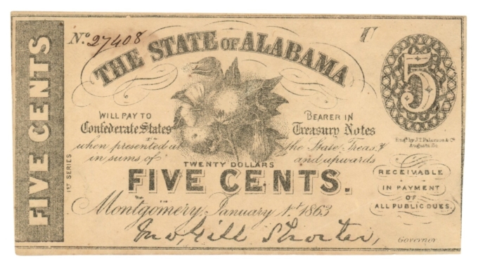 1863 State of Alabama, Montgomery, AL 5c Note No.27408 CR11 (D59250)