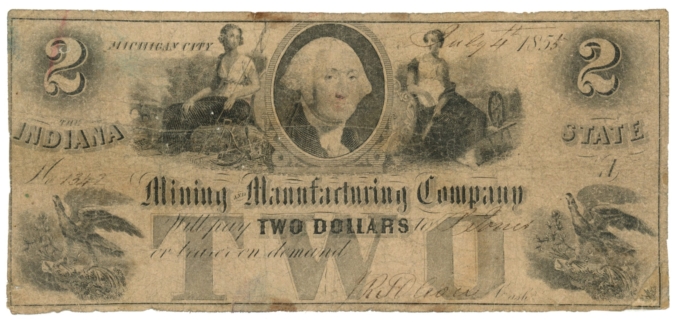1855 Mining & Manufacturing Company, Michigan City, Indiana $2 Note (D59545)