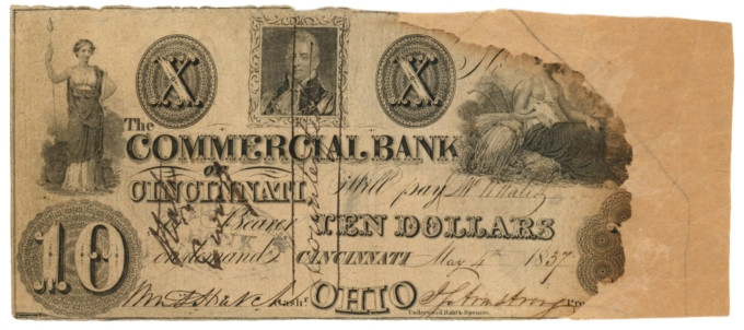 1837 Commercial Bank of Cincinnati, Ohio $10 Obsolete Note (D59731)