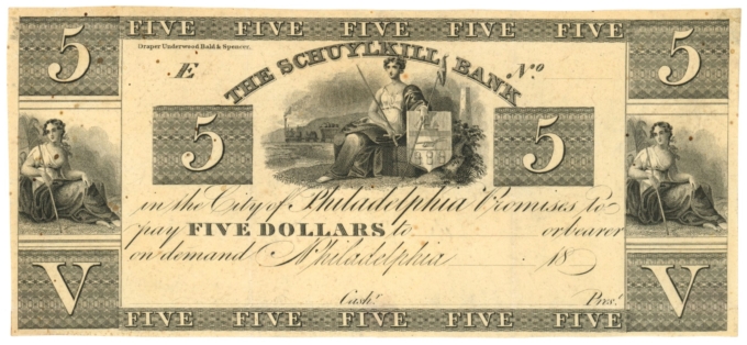 18XX Schuylkill Bank, Philadelphia, Pennsylvania $5 Obsolete Note (D59645)