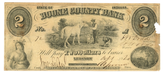 1820 Boone County Bank, Lebanon, Indiana $2 Obsolete Note No.72 (D59747)