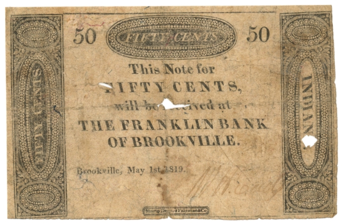 1819 Franklin Bank of Brookville, Indiana 50c Obsolete Note (D59748)