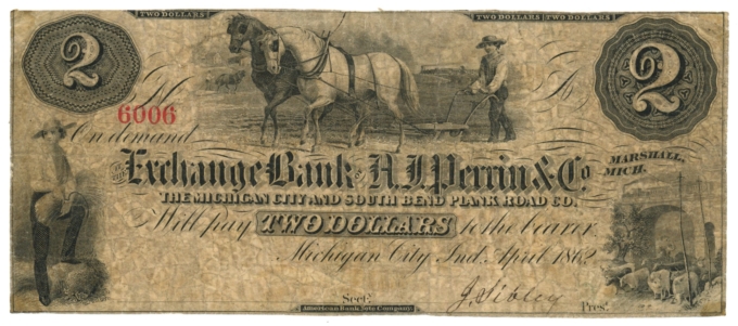 1862 Exchange Bank of A.J. Perrin & Co., Michigan City, Indiana $2 Note (D59755)