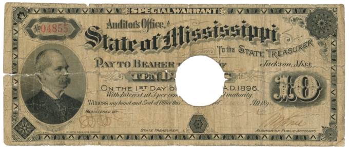 189X State of Mississippi, Jackson, MS $10 Special Warrant (D59668)