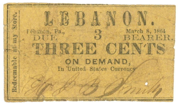 1864 Lebanon, Pennsylvania 3c Obsolete Note H189-35 (D59991)