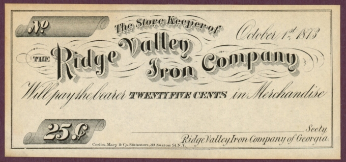 1873 Ridge Valley Iron Company Georgia GA 25c (DL0157)
