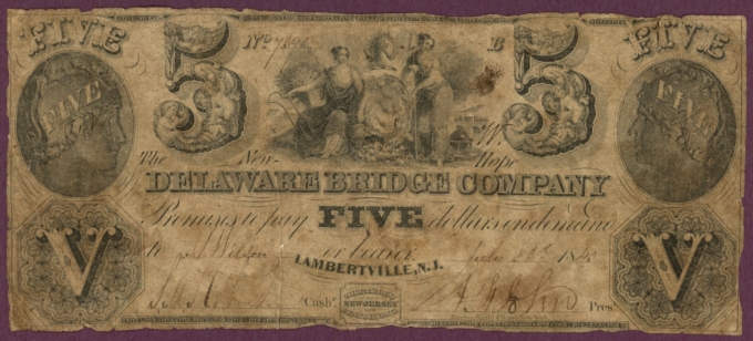 1843 Delaware Bridge Company New Jersey NJ $5 No.7390 W-1056 (DL0206)