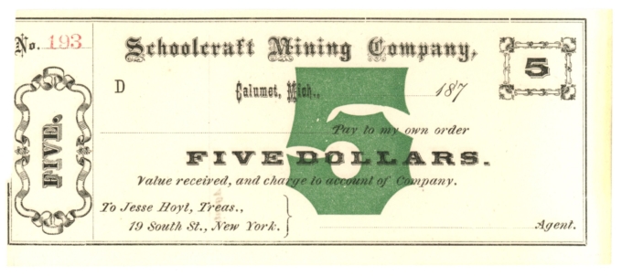 187X Schoolcraft Mining Company, Calumet, Michigan $5 Note No.193 B-3 (D60070)