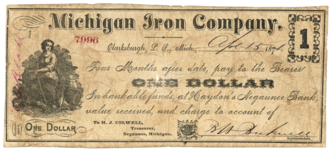 187X Michigan Iron Company, Clarksburgh, Michigan $1 Obsolete Note B-3 (D60076)